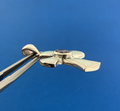 Designer 925 Sterling Silver Oval Amethyst Opal Inlay Modernist Cross Pendant