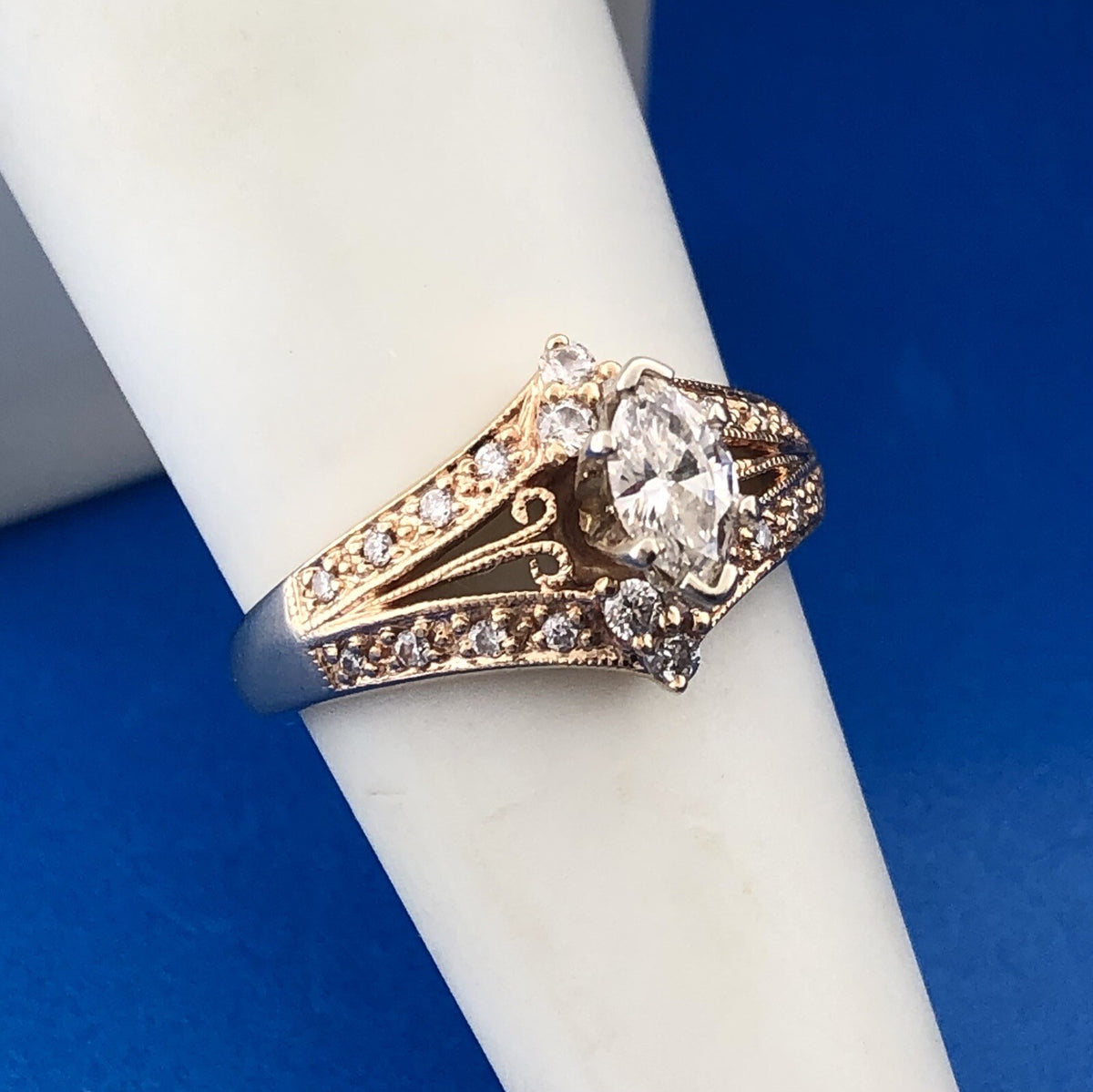 Stunning 14K Yellow Gold Marquise Diamond Solitaire W/Accents Engagement Ring