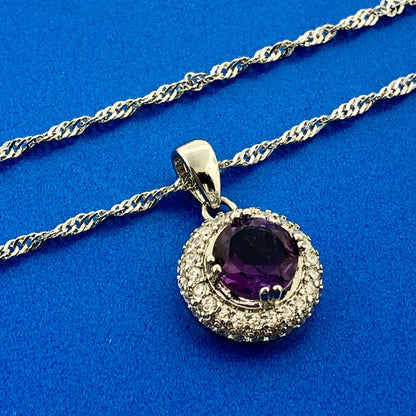 Gold Coast Platinum Plated Amethyst Cubic Zirconia Button Pendant Necklace