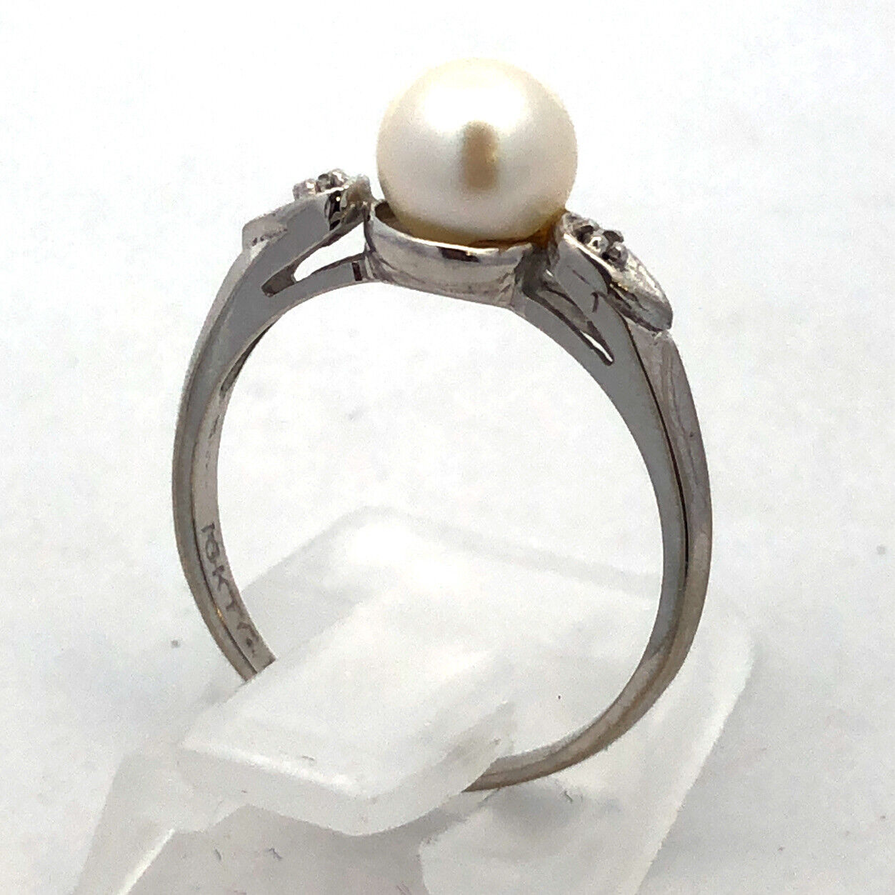 Designer 10K White Gold Round Pearl Diamond Accented Anniversary Ring