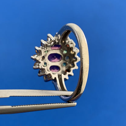 Designer 925 Sterling Silver Mixed Gemstone Floral Cluster Cocktail Ring