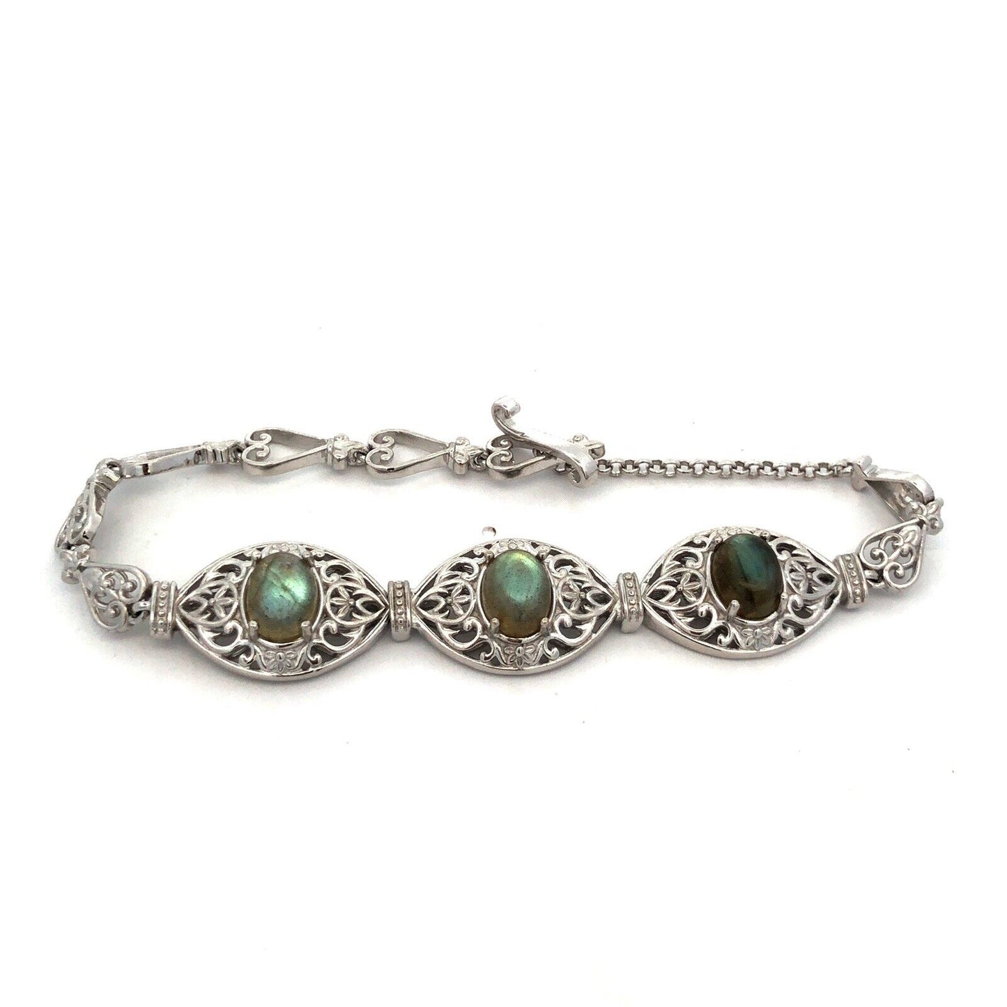 Designer STS Karis Silver Plate Oval Labradorite Open Work Scroll Heart Bracelet
