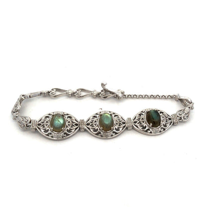 Designer STS Karis Silver Plate Oval Labradorite Open Work Scroll Heart Bracelet