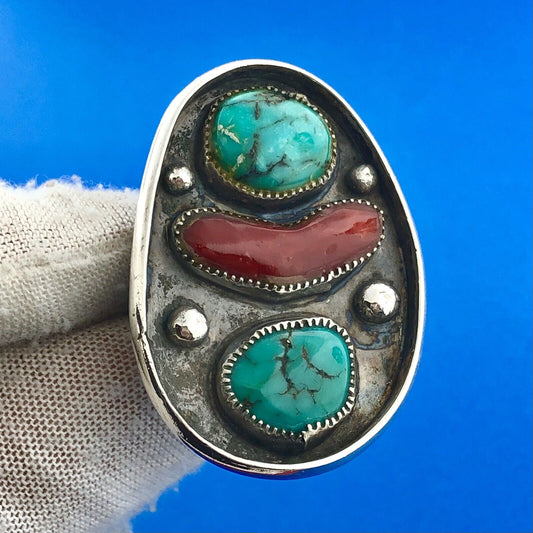 Vintage Signed Native American Sterling Silver Turquoise Coral Statement Ring