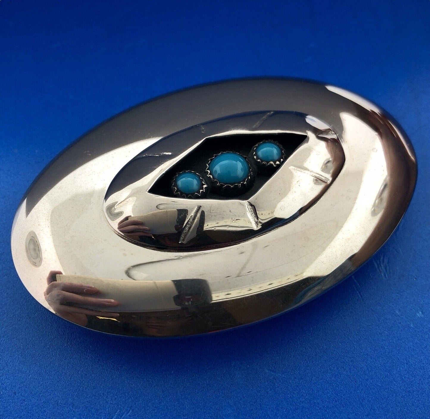 Silver Tone Native American Inspired Turquoise Concho Belt Buckle Artisan Signed