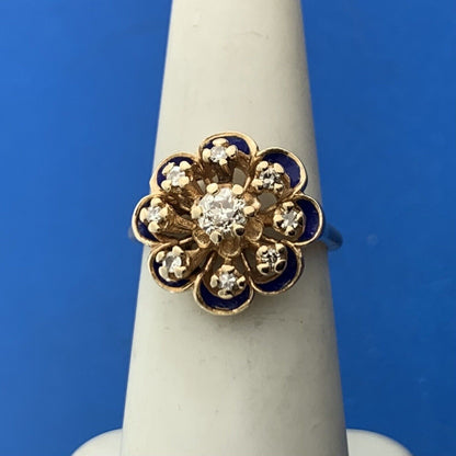 Vintage 14K Yellow Gold Diamond Cluster Blue Enamel Flower Cocktail Ring