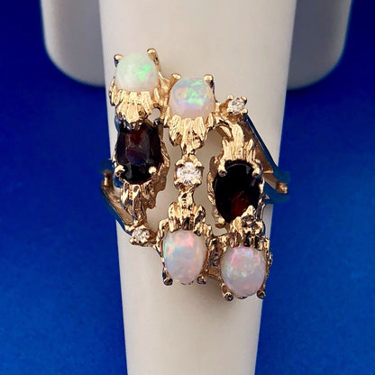 Vintage 14K Yellow Gold Diamond Garnet Opal Free Form Statement Cocktail Ring