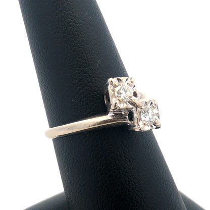 Vintage 14K White Gold Diamond Duo Buttercup Bypass Engagement Bridal Ring