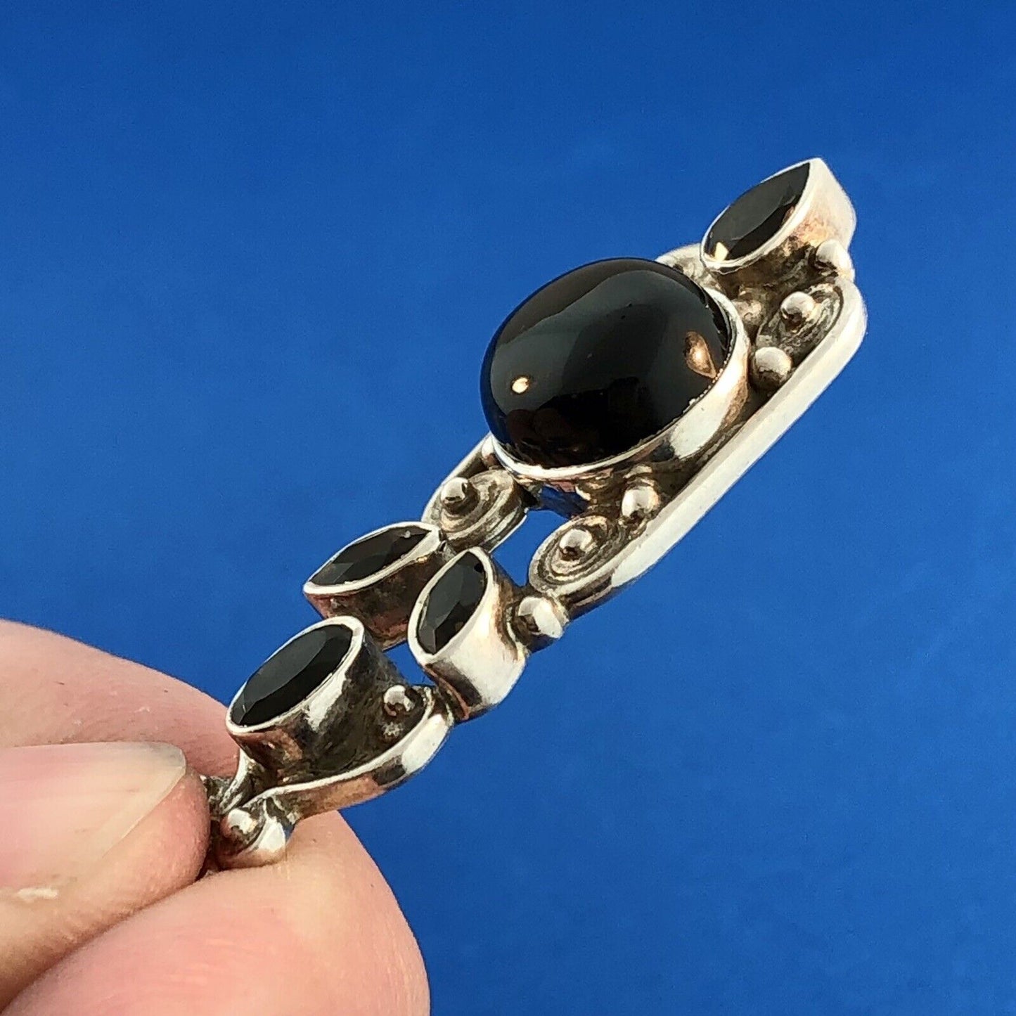 Retro 925 Sterling Silver Black Onyx Smoky Quartz Bead Scroll Dangle Earrings