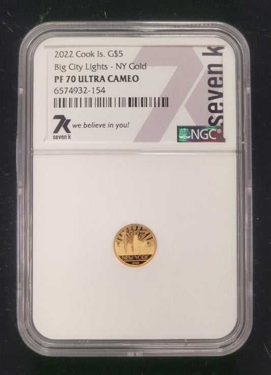 2022 $5 Cook Islands NGC PF70 Proof Cameo Big City Lights NY 1/2g .999 Gold Coin