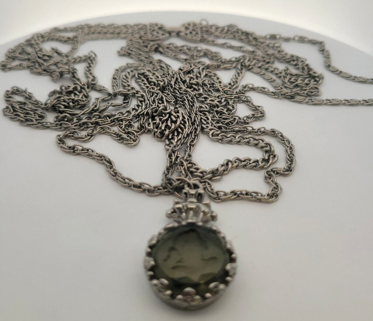 1960'S Goldette Silver Tone Smoky Glass Incused Cameo Layered Chain Necklace
