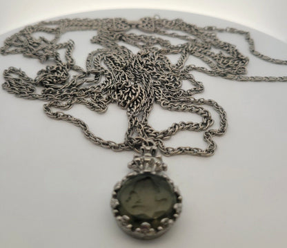 1960'S Goldette Silver Tone Smoky Glass Incused Cameo Layered Chain Necklace