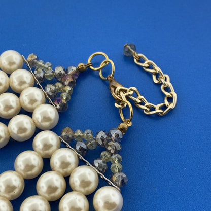 Vtg Artisan Gold Tone Abalone Faux Pearl Crystal Bead Statement Collar Necklace
