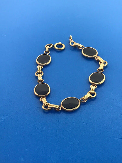 Art Deco 1/20th 12K Gold Filled Oval Black Onyx Cabochon Panel Link Bracelet