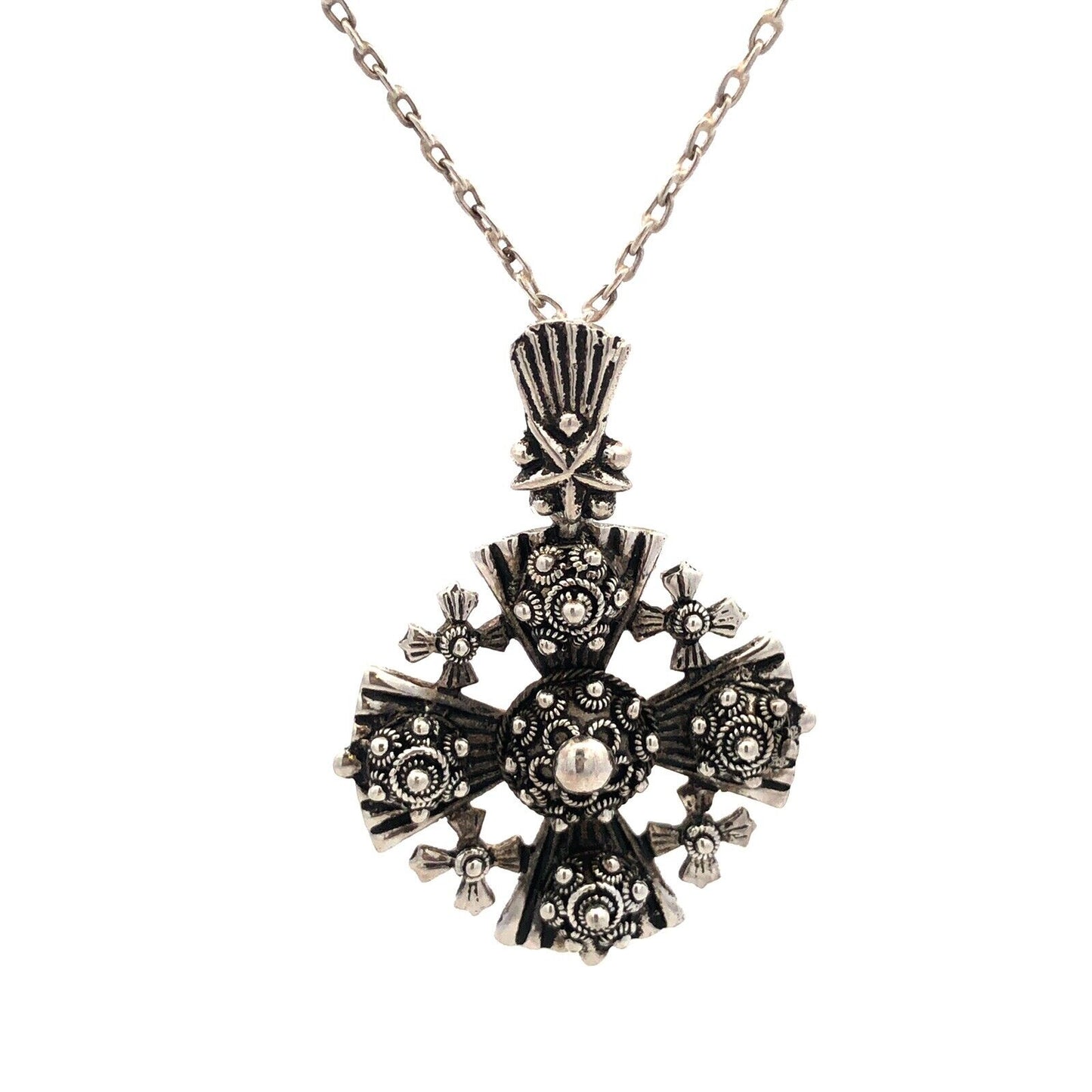 Vintage 925 Sterling Silver Jerusalem Cross Scroll Detail Statement Necklace