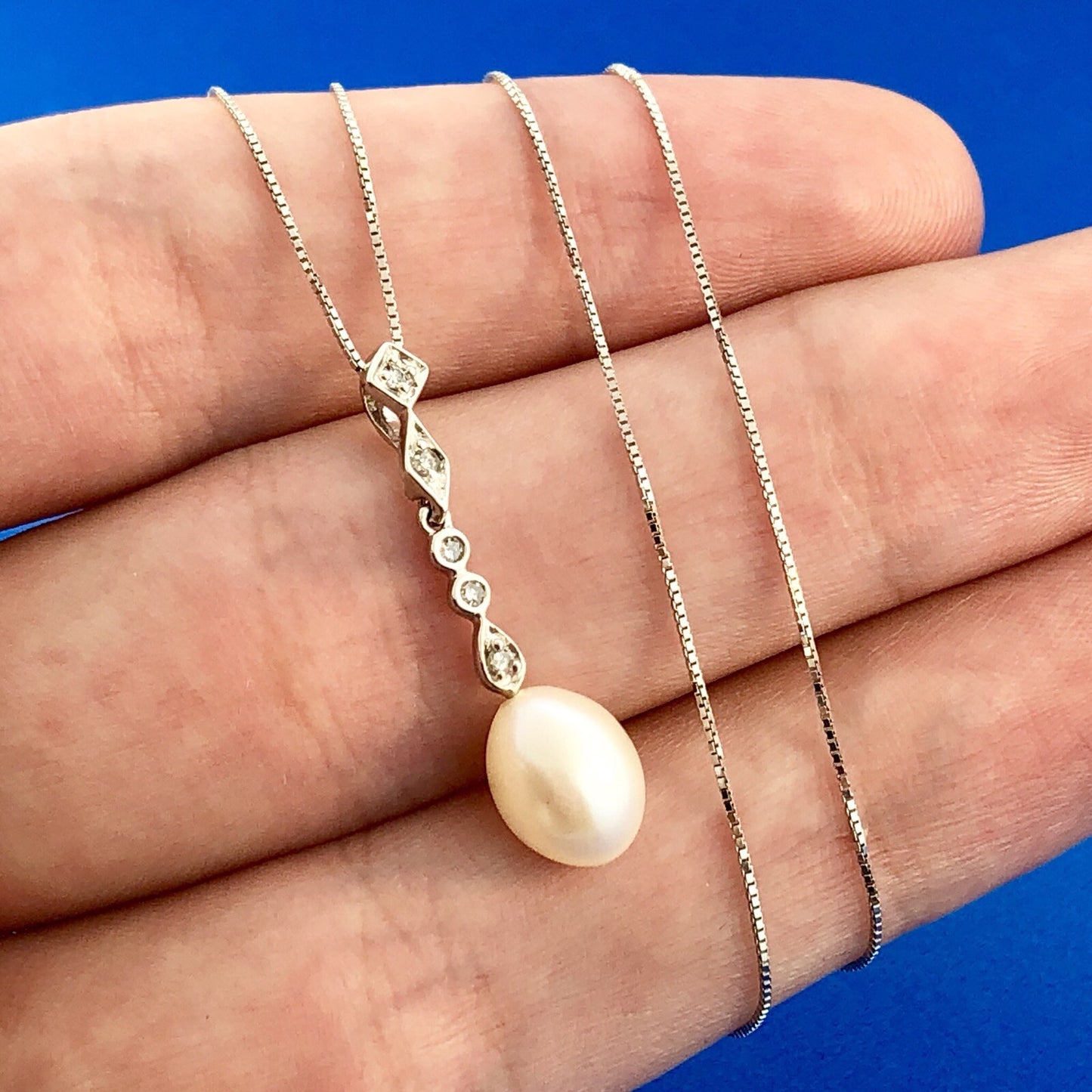 Designer AJ 14K White Gold Diamond Pearl Bridal Pendnat June Wedding Necklace