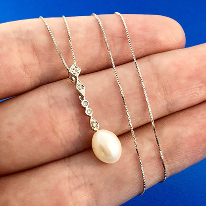 Designer AJ 14K White Gold Diamond Pearl Bridal Pendnat June Wedding Necklace