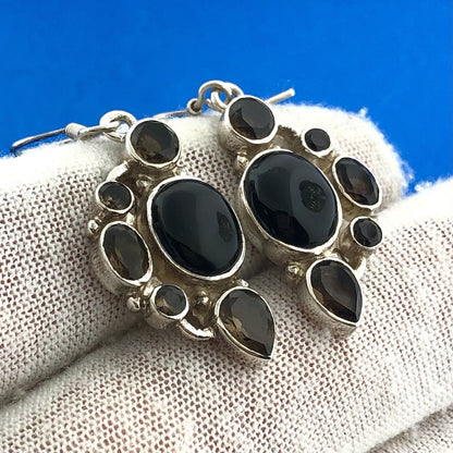 Modernist 925 Sterling Silver Black Onyx Smoky Quartz Drop Dangle Earrings