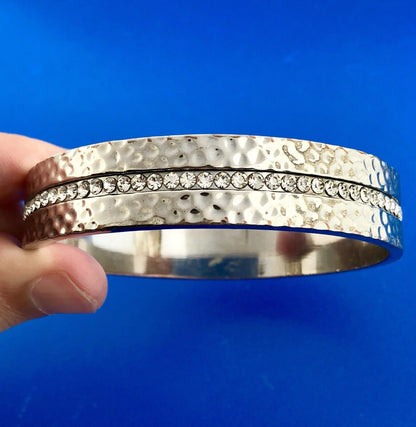 Designer Silver Tone Cubic Zirconia CZ Hammered Statement Bangle Bracelet
