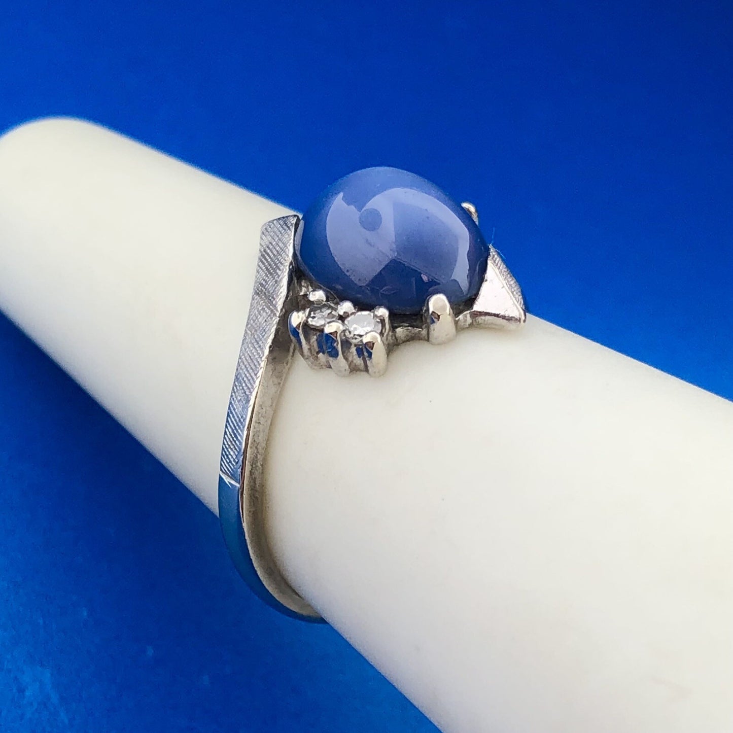Mid Century Modern 14K White Gold Blue Star Sapphire Diamond Cocktail Ring