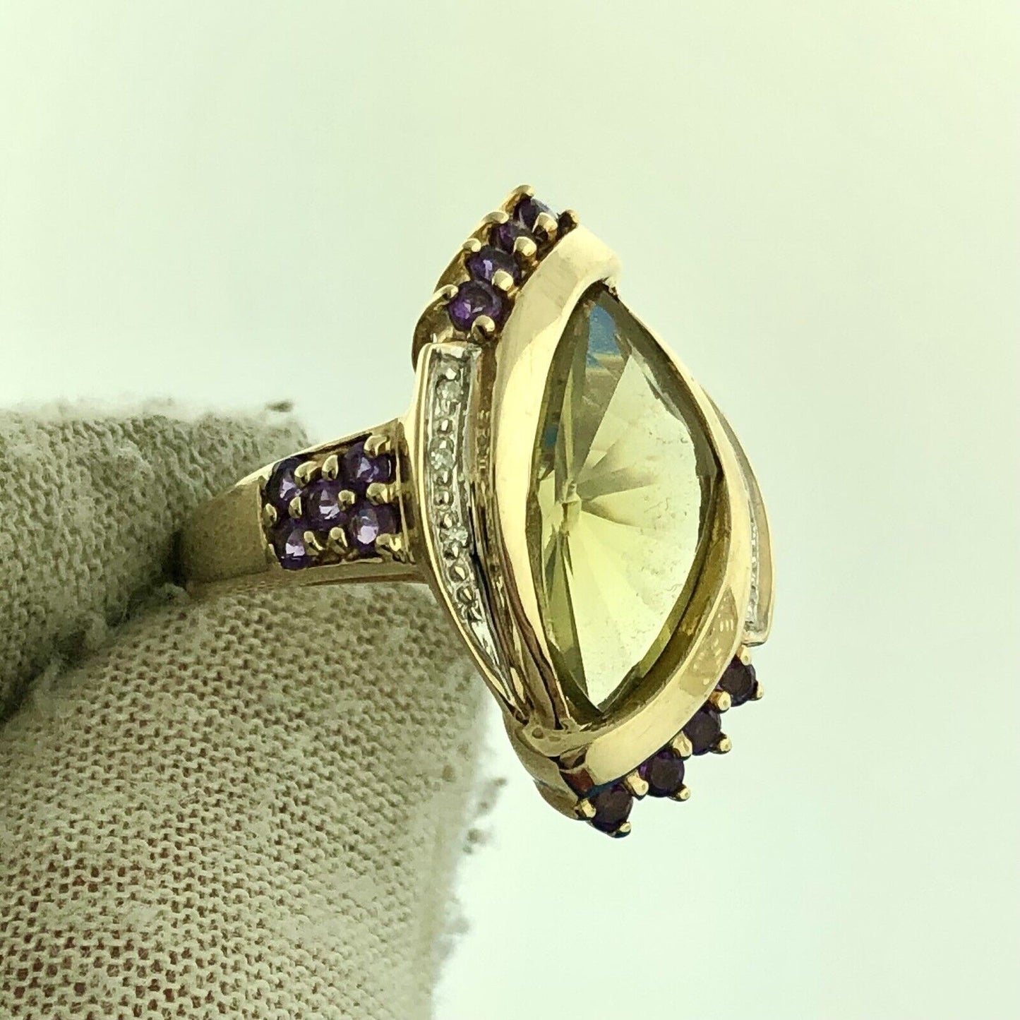 10k Yellow Gold Faceted Citrine Amethyst Diamond Accent Evil Eye Cocktail Ring