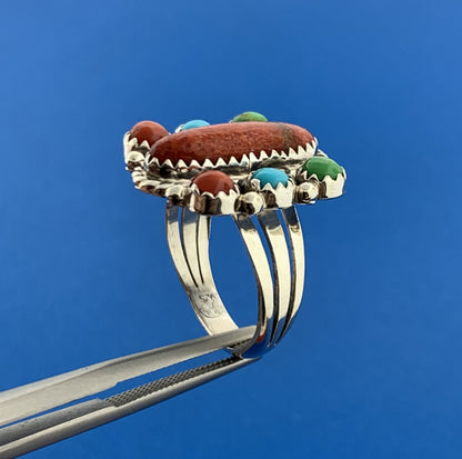 Designer R.B. Sterling Silver 925 Red Jasper Coral Turquoise Ring Size 6
