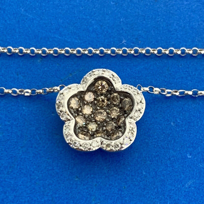 Designer 18K White Gold Champagne & White Diamond Flower Cluster Necklace