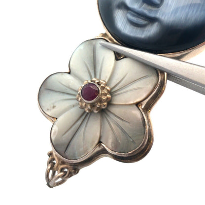 Designer Sajen 925 Sterling Silver Blue Cat's Eye Ruby Goddess Brooch Pendant