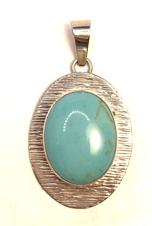 Taxco Mexico 925 Sterling Silver Oval Turquoise Textured Statement Pendant