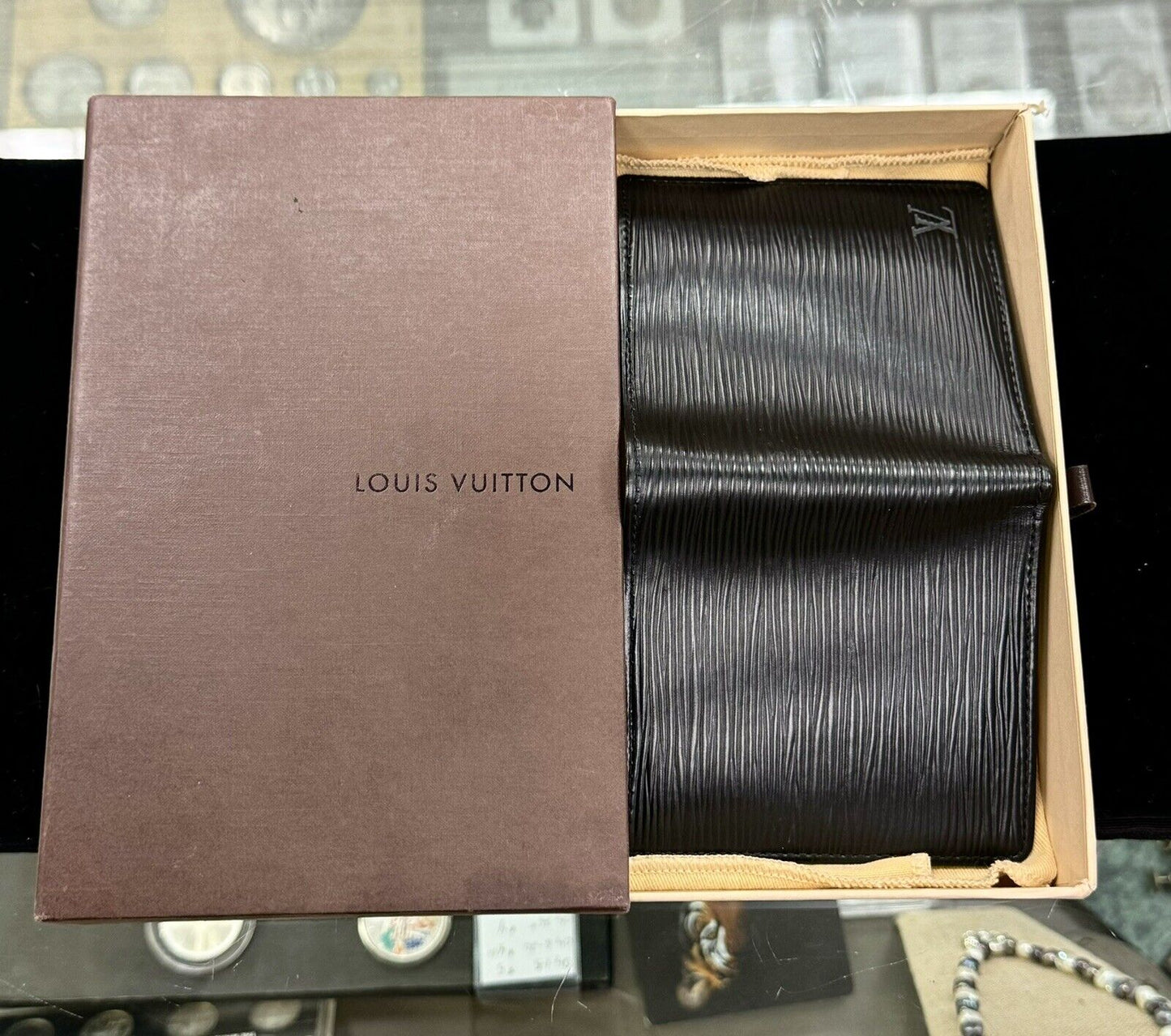 Louis Vuitton Epi Black Leather Single Fold Card Case Wallet In Original Box