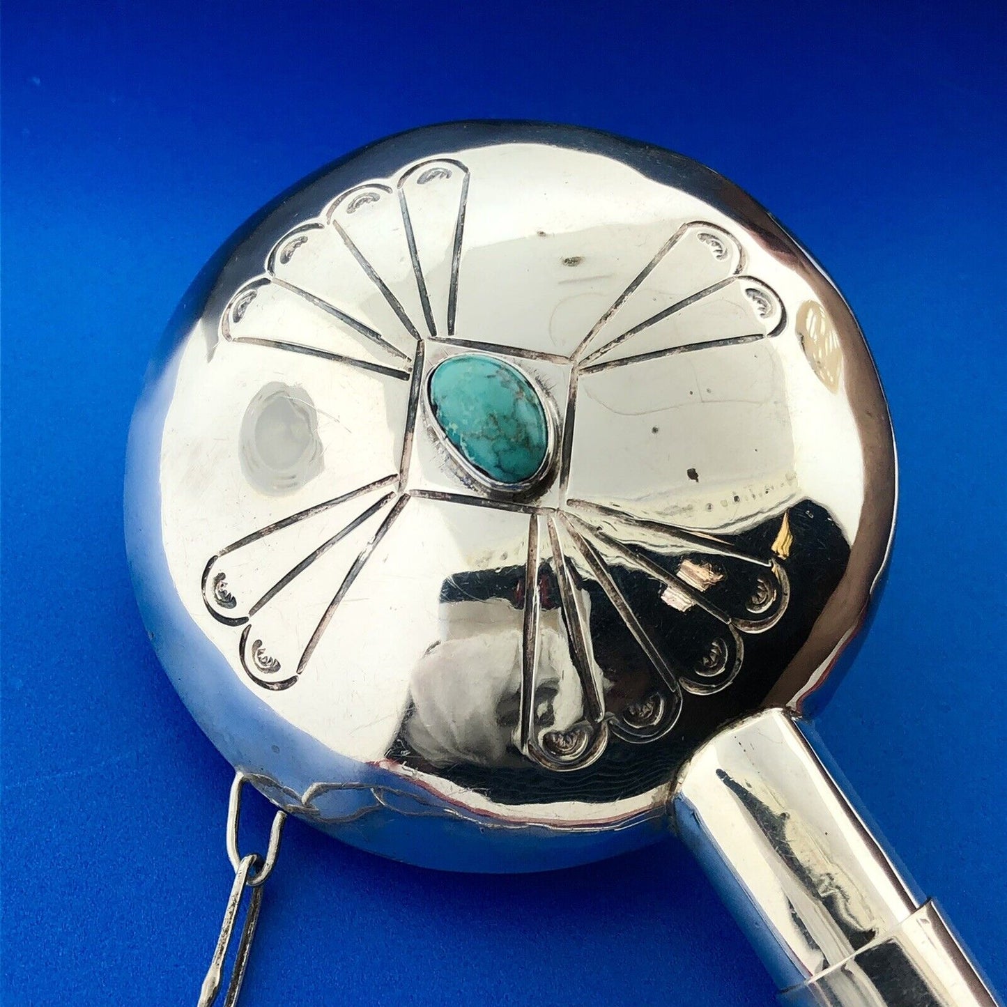 Native American 925 Sterling Silver Turquoise Hand Stamped Tobacco Flask Canteen