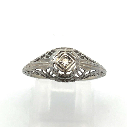 Vintage Designer Art Deco 18K White Gold Diamond Filigree Engagement Ring