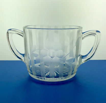 EAPG Clear Daisy Flower Etched Vertical Lines Cream Pitcher Sugar 2 pc Set