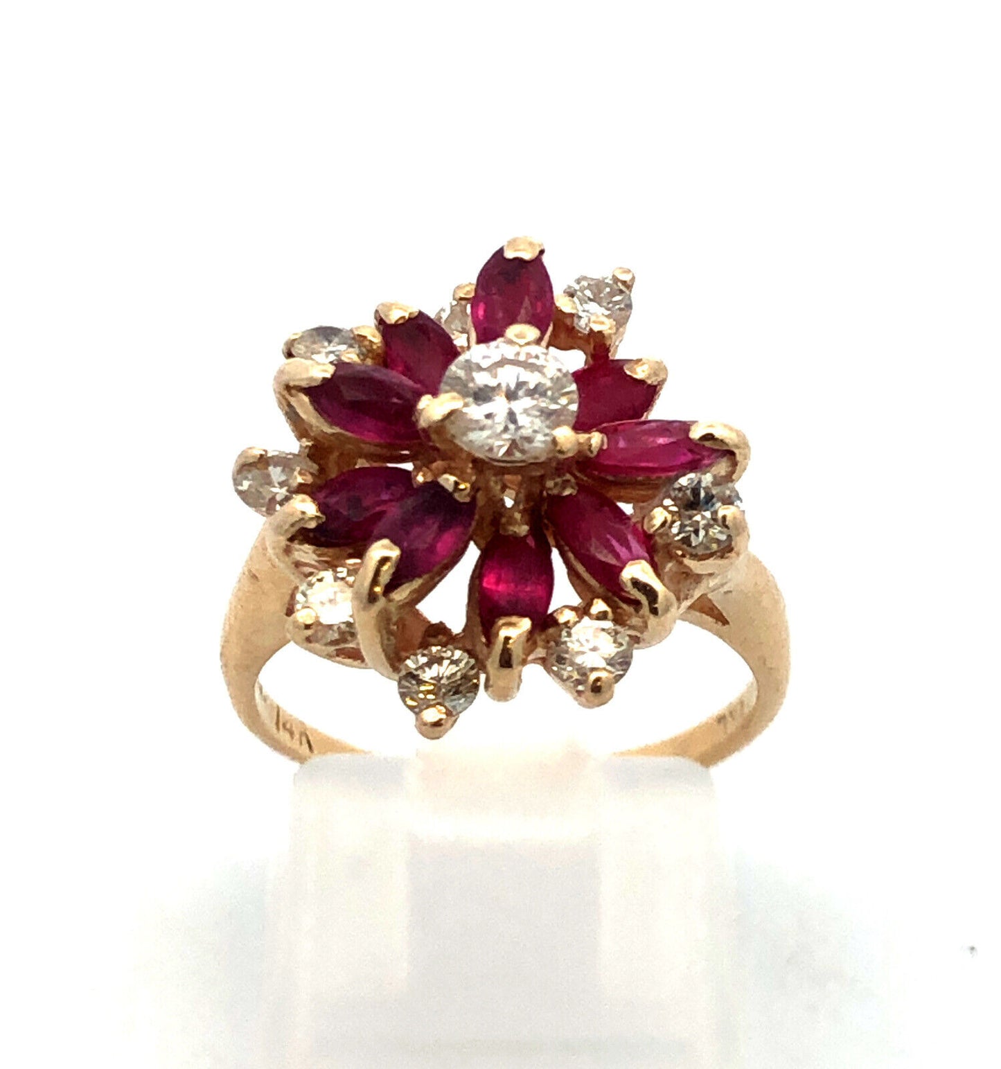 Vintage 14K Yellow Gold Round Diamond Marquise Lab Created Ruby Cocktail Ring