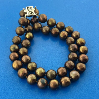 Beautiful 925 Sterling Silver Bronze Chocolate Pearl Double Strand Bracelet
