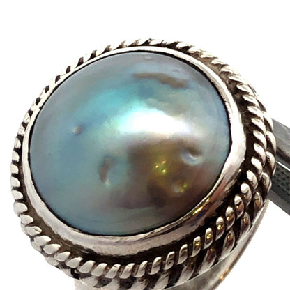 Vintage 925 Sterling Silver Round Akoya Pearl Bezel Solitaire Dome Ring