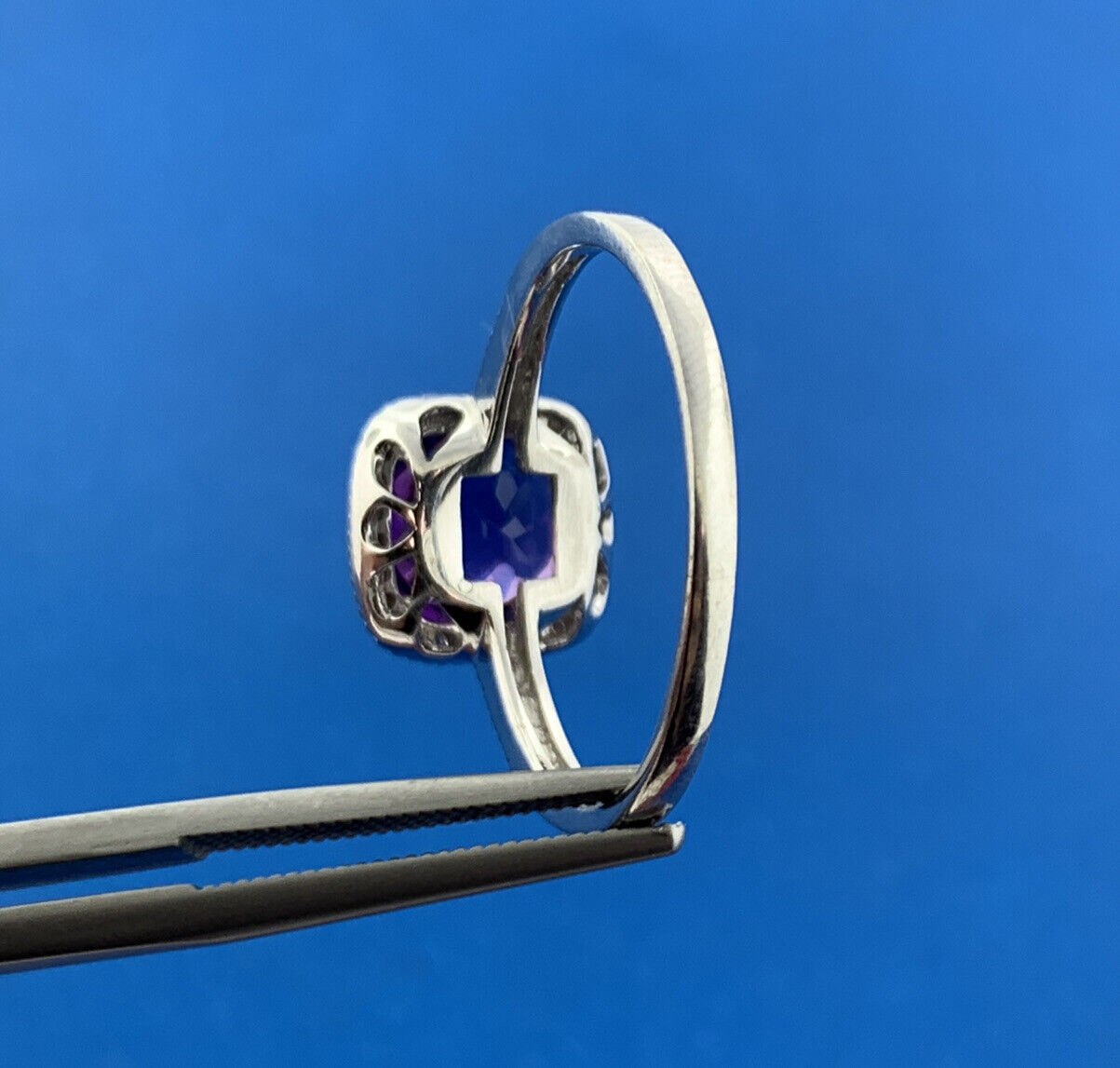 Designer 14K White Gold Cushion Cut Amethyst Diamomd Halo Accented Ring