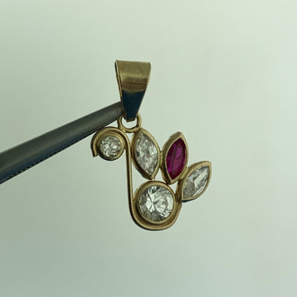 Vintage Mexico 10K Yellow Gold Ruby White Topaz Modernist Floral Dangle Pendant