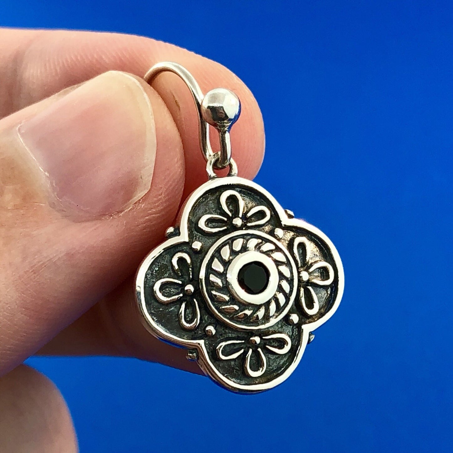 Vintage 925 Sterling Silver Black Onyx Floral Scroll Drop Dangle Earrings
