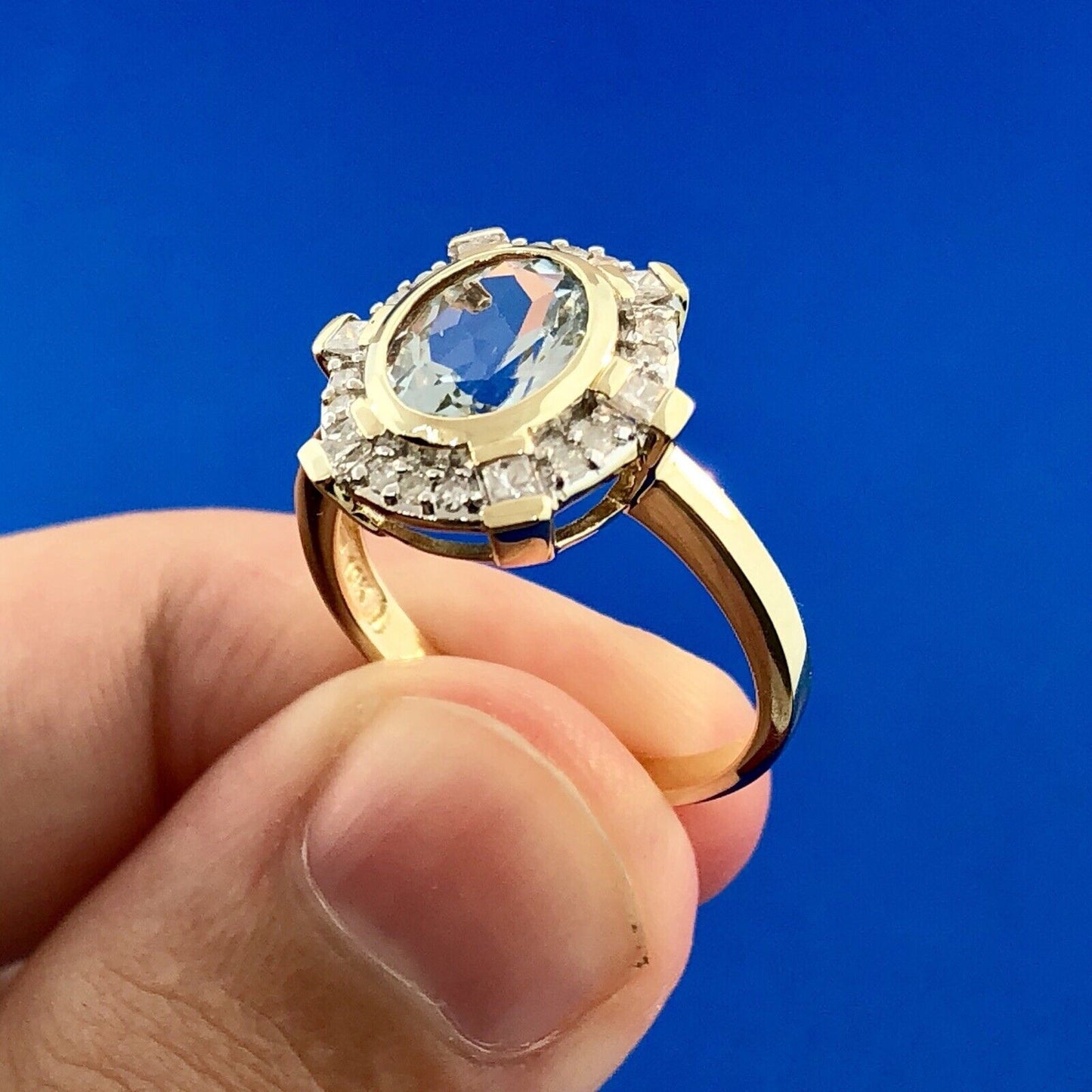 Designer 10K Yellow Gold Aquamarine Diamond Halo March Birthday Anniversary Ring
