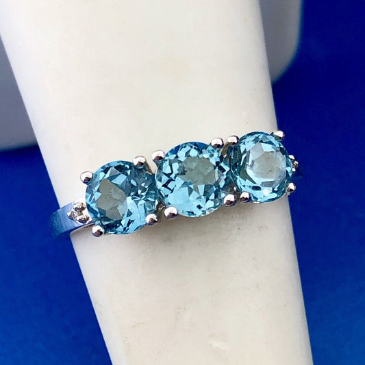 Designer 10K White Gold Blue Topaz Diamond Engagement Birthstone Cocktail Ring