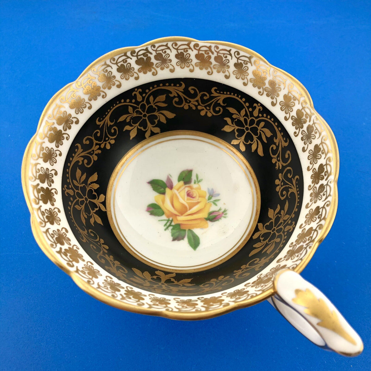 Royal Stafford English Bone China Yellow Rose Black Gold Floral Tea Cup/Saucer