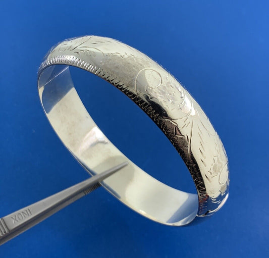 Vintage 925 Sterling Silver Vine Floral Etched Scroll Hinged Cuff Bracelet