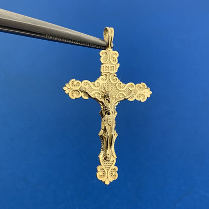 Designer 10K Yellow Gold Textured Crucifix Cross Religious Statement Pendant