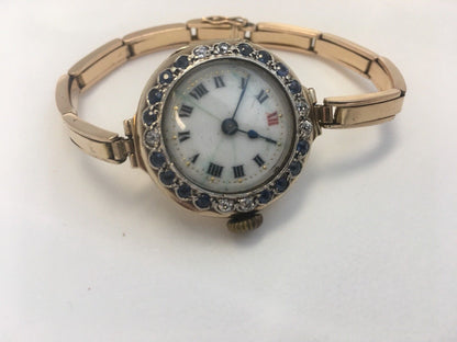Ladies Vintage Victorian 14K Yellow Gold Diamond Sapphire Watch Adjusting Band