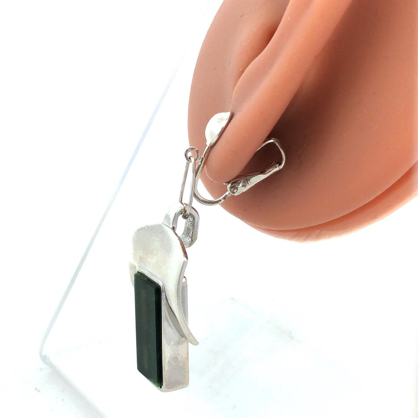 Designer Sterling Silver Chrysoprase Panel Modernist Statement Clip On Earrings