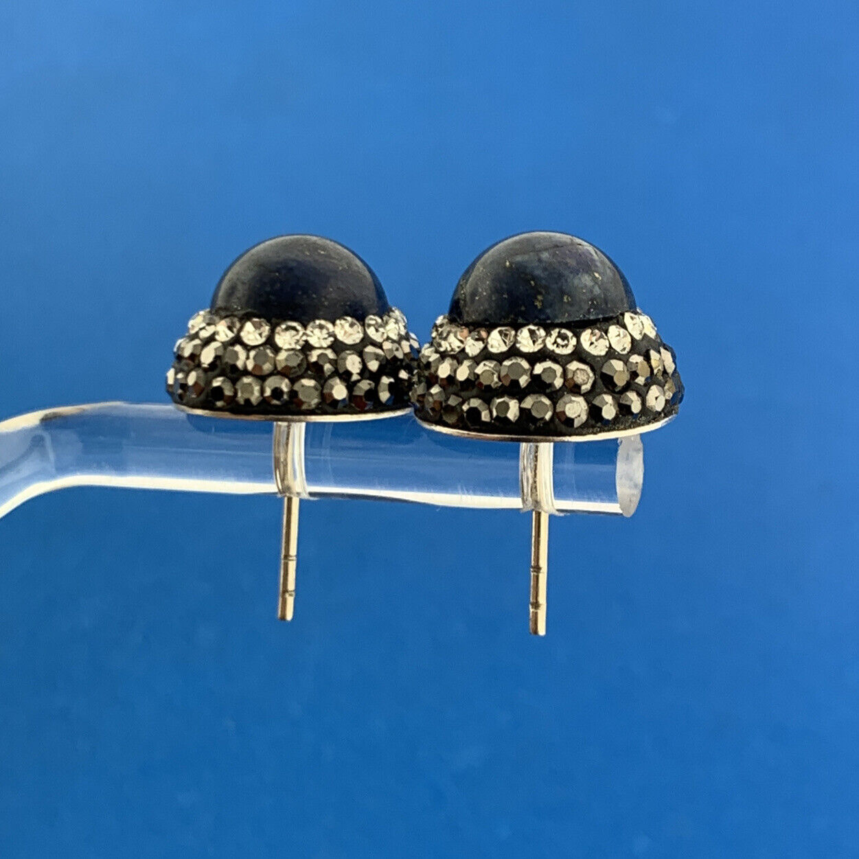 Retro Sterling Silver Lapis Lazuli Cubic Zirconia Marcasite Button Stud Earrings