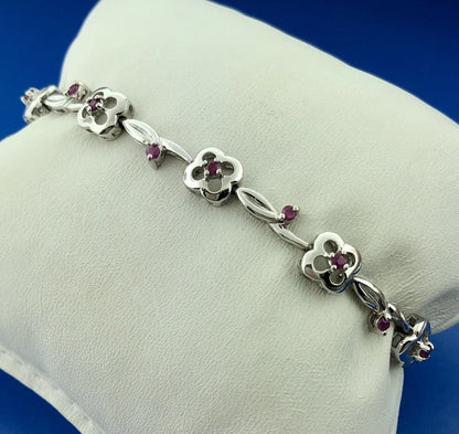 Designer 925 Sterling Silver Ruby Floral Vine July Anniversary Tennis Bracelet