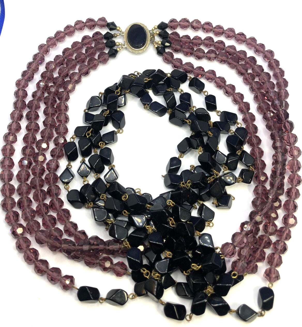 Vintage Art Deco 4-Strand Black Onyx Jet Amethyst Beaded Statement Necklace