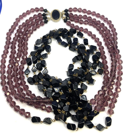 Vintage Art Deco 4-Strand Black Onyx Jet Amethyst Beaded Statement Necklace